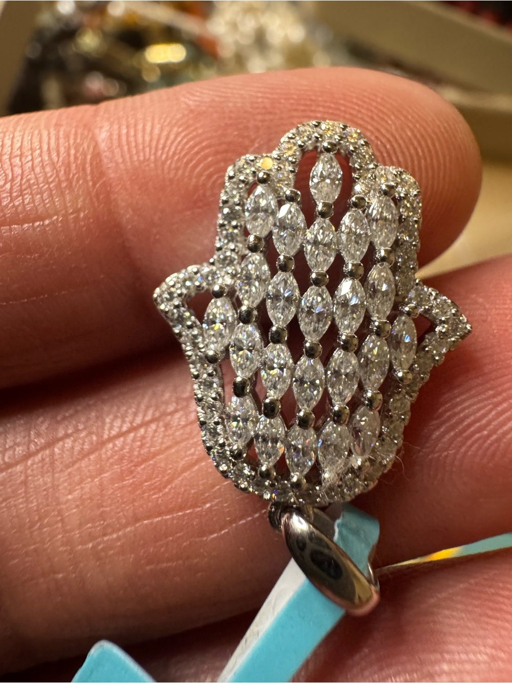 Silver-Tone Hamsa Hand Pendant with moissanite - Women Jewelry